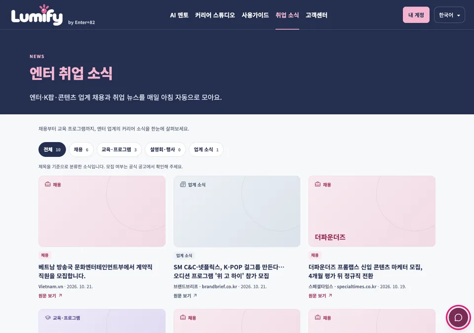 취업 소식 화면. 오른쪽 아래 말풍선 모양 버튼이 분홍색 테두리로 표시되어 있다.